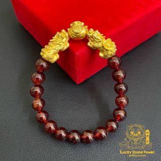 Pure Gold Garnet Bracelet with Pixiu & Golden Bag Charms