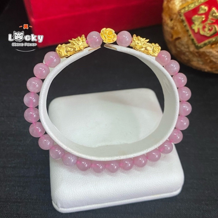 纯金貔貅&粉晶手链 | 正品宝石首饰