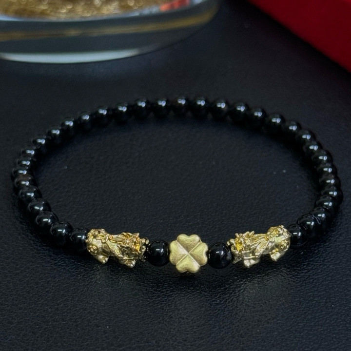 纯金貔貅四叶草手链 - 吉祥宝石，保证正品