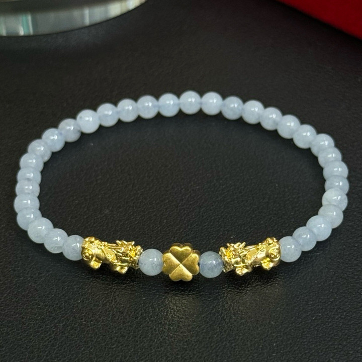纯金貔貅四叶草手链 - 吉祥宝石，保证正品
