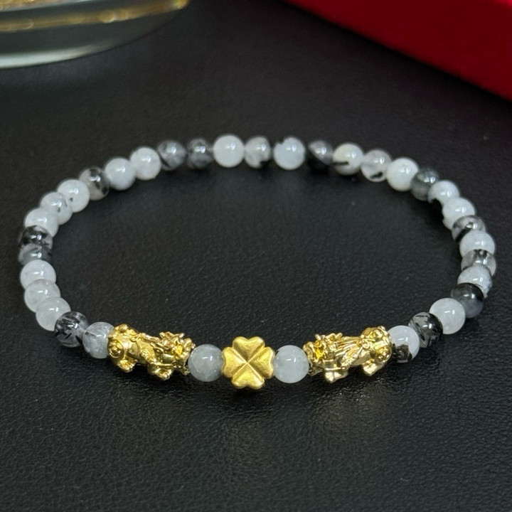 纯金貔貅四叶草手链 - 吉祥宝石，保证正品