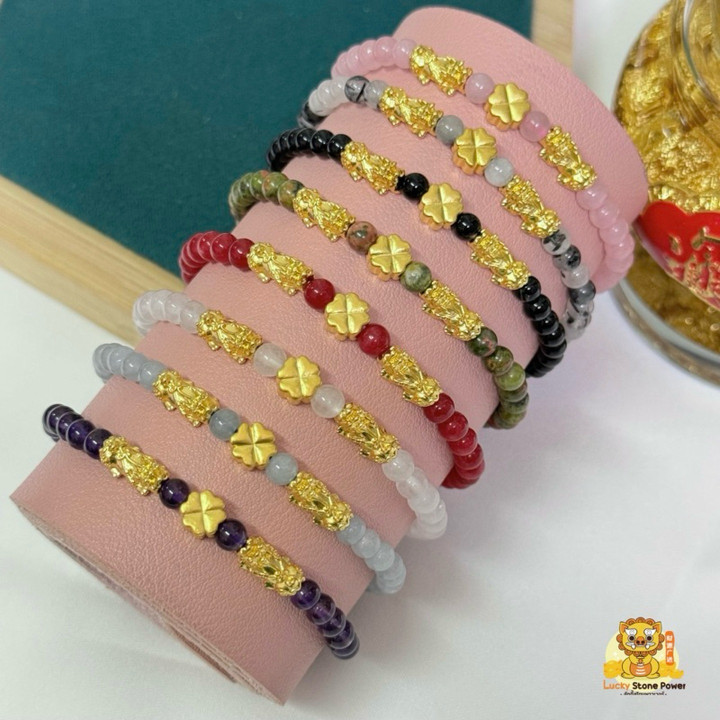 纯金貔貅四叶草手链 - 吉祥宝石，保证正品
