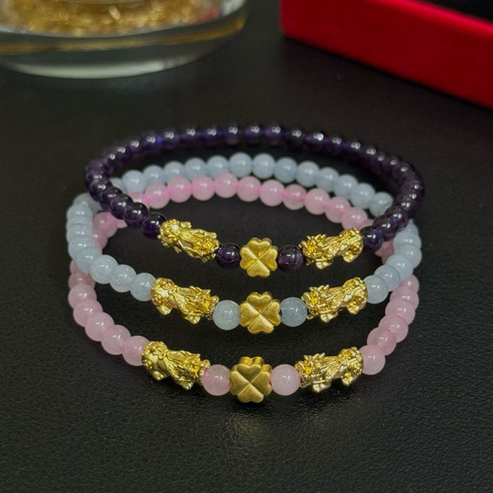 纯金貔貅四叶草手链 - 吉祥宝石，保证正品