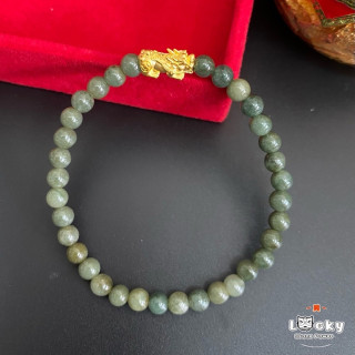 Burmese Jade Bracelet w/ Gold Pixiu Charm & Authenticity Certificate