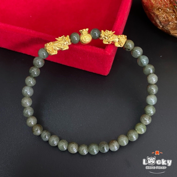 Burmese Jade Bracelet w/ Gold Pixiu Charm & Authenticity Certificate