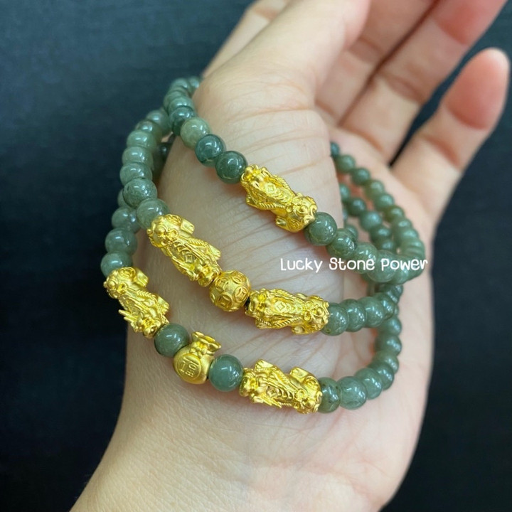 Burmese Jade Bracelet w/ Gold Pixiu Charm & Authenticity Certificate