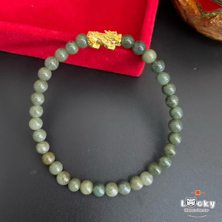 Burmese Jade Bracelet w/ Gold Pixiu Charm & Authenticity Certificate