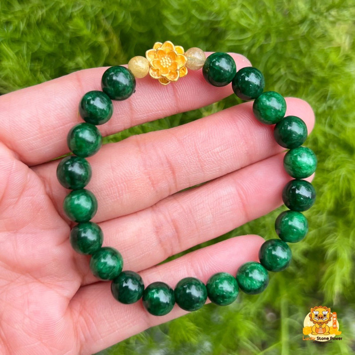 Luxury Imperial Jade Bracelet w/ Gold Peony Accents