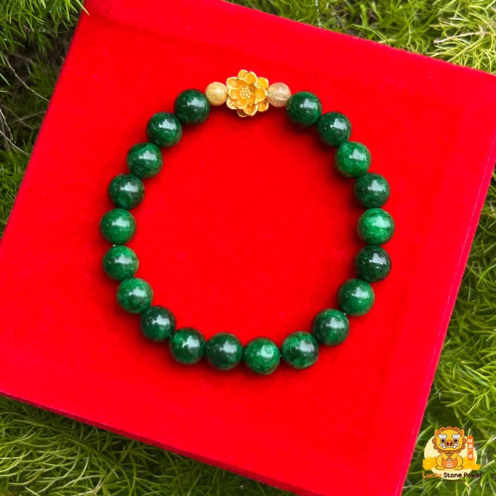 Luxury Imperial Jade Bracelet w/ Gold Peony Accents