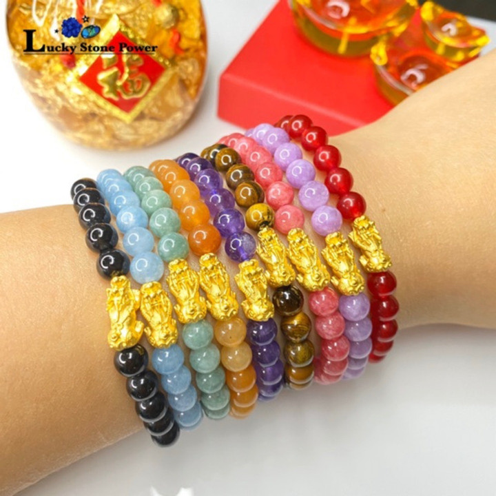 Auspicious Stone Bracelet with Genuine Gold Pixiu Charm