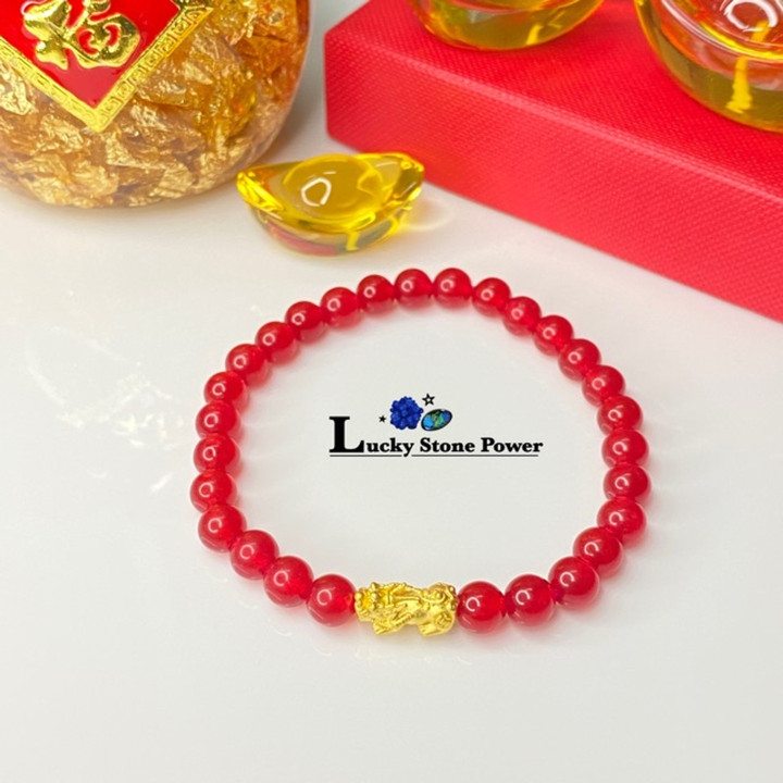 Auspicious Stone Bracelet with Genuine Gold Pixiu Charm