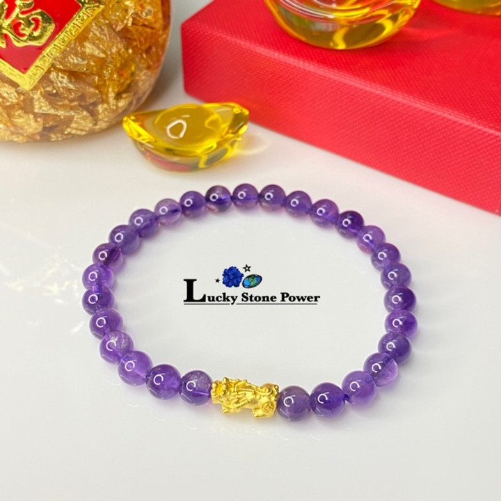 Auspicious Stone Bracelet with Genuine Gold Pixiu Charm