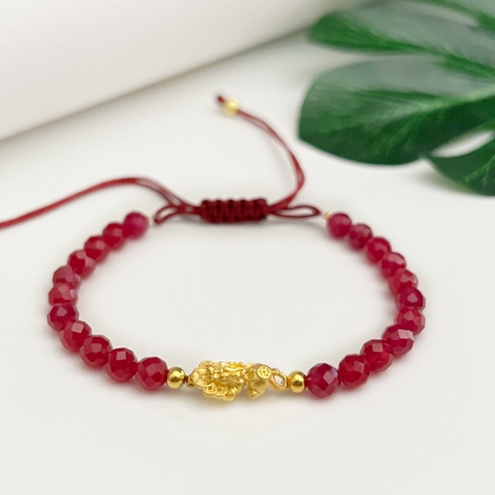 Pure Gold Pixiu with Ruby Bracelet | Fortune & Prosperity Charm