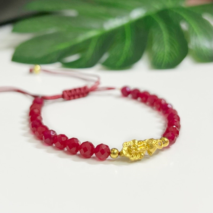 Pure Gold Pixiu with Ruby Bracelet | Fortune & Prosperity Charm