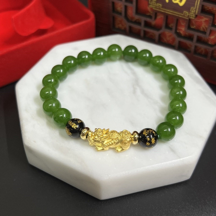 纯金貔貅手链，镶嵌幸运石 - 风水饰品