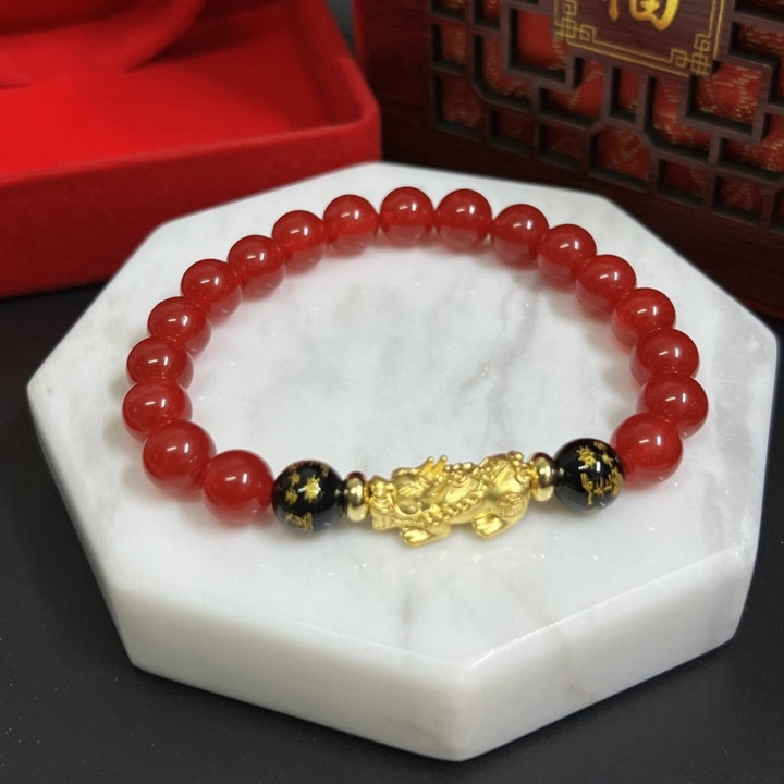纯金貔貅手链，镶嵌幸运石 - 风水饰品