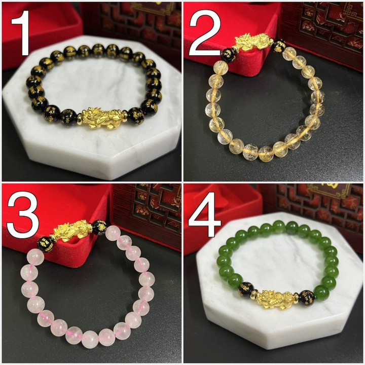 纯金貔貅手链，镶嵌幸运石 - 风水饰品
