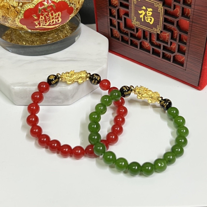 纯金貔貅手链，镶嵌幸运石 - 风水饰品