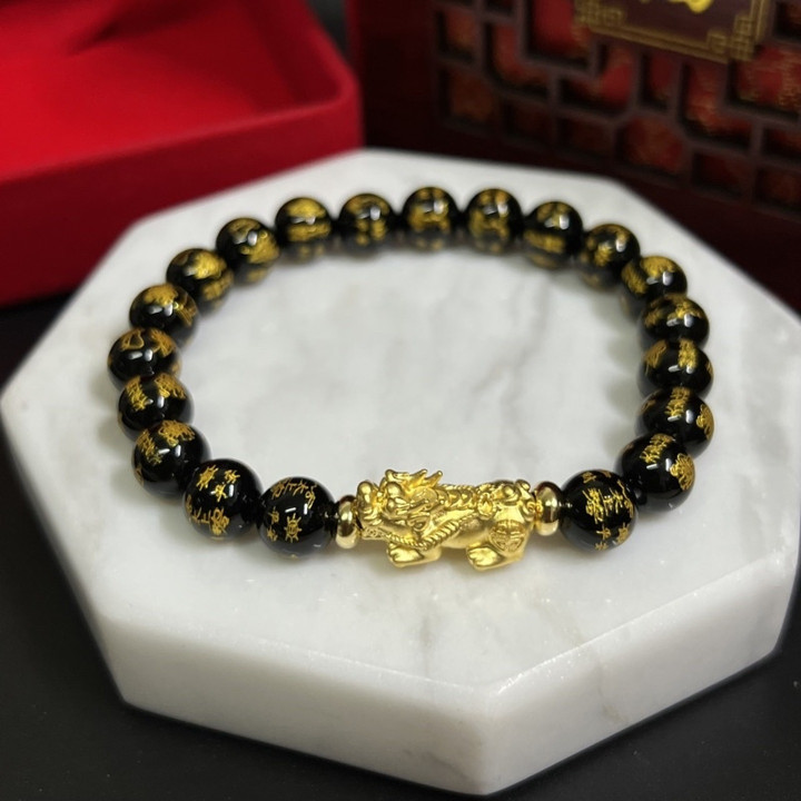 纯金貔貅手链，镶嵌幸运石 - 风水饰品