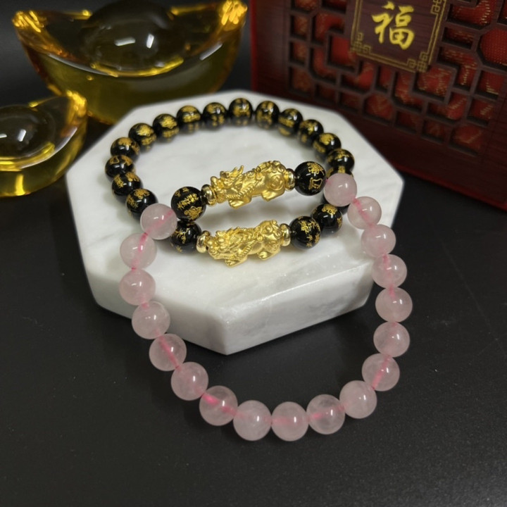 纯金貔貅手链，镶嵌幸运石 - 风水饰品