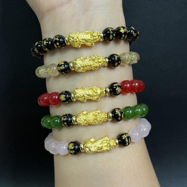 纯金貔貅手链，镶嵌幸运石 - 风水饰品
