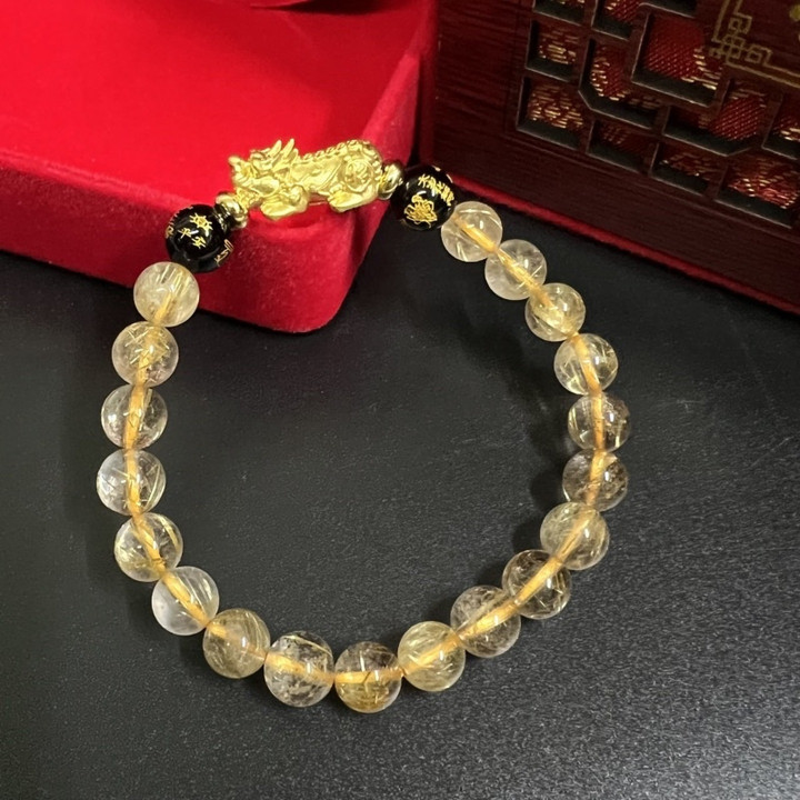 纯金貔貅手链，镶嵌幸运石 - 风水饰品