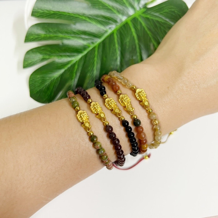 Ensemble amulette Pixiu en or pur et bracelet en quartz de soie