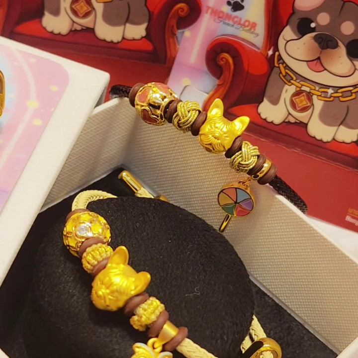 曼谷黄金法国斗牛犬吊坠手链 - 99.99纯金（0.8克），附带真品证书