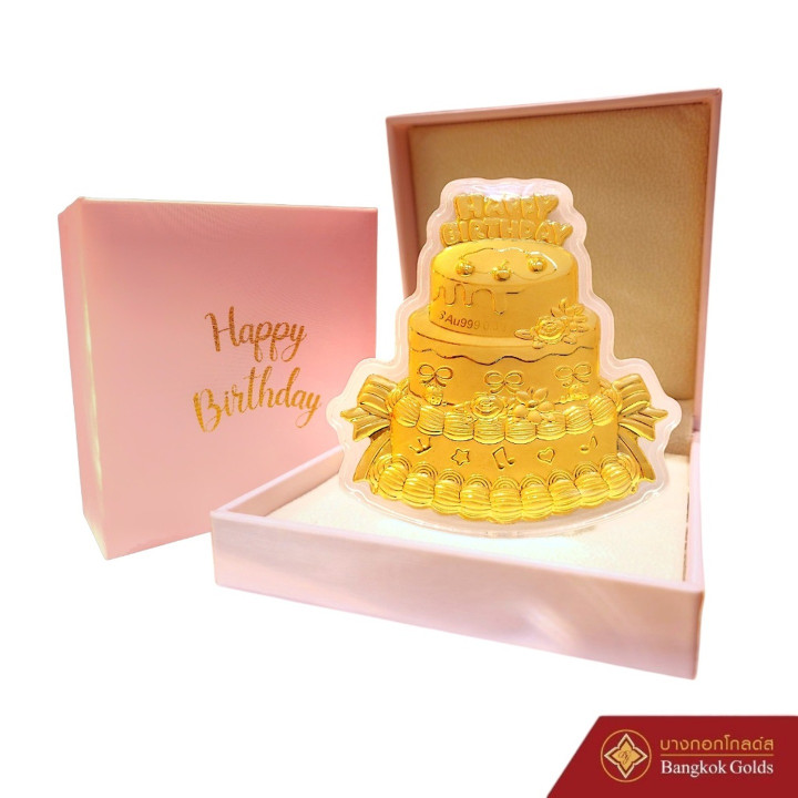 这款精美的 BangkokGolds 生日快乐黄金蛋糕由 99.99% 纯金打造而成，堪称独一无二、奢华至极的珍品。