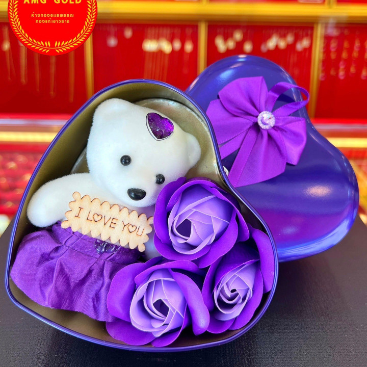 Golden Valentine's Day Jewelry Set: Teddy Bear and Roses